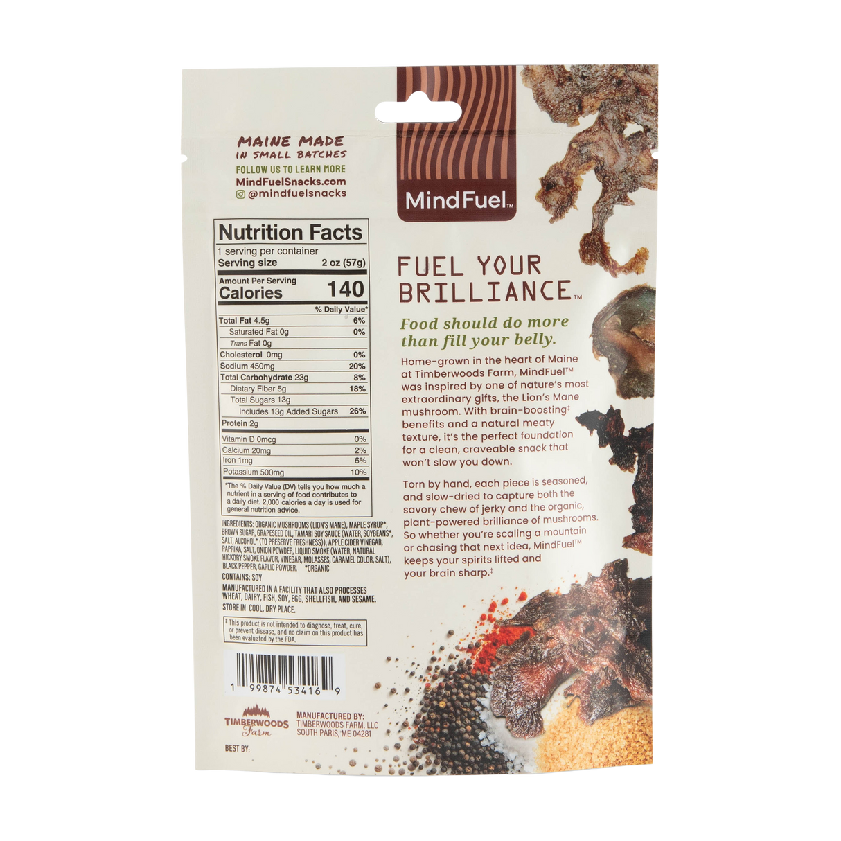 Mind Fuel Lion's Mane Sweet and Salty Jerky Back Packaging