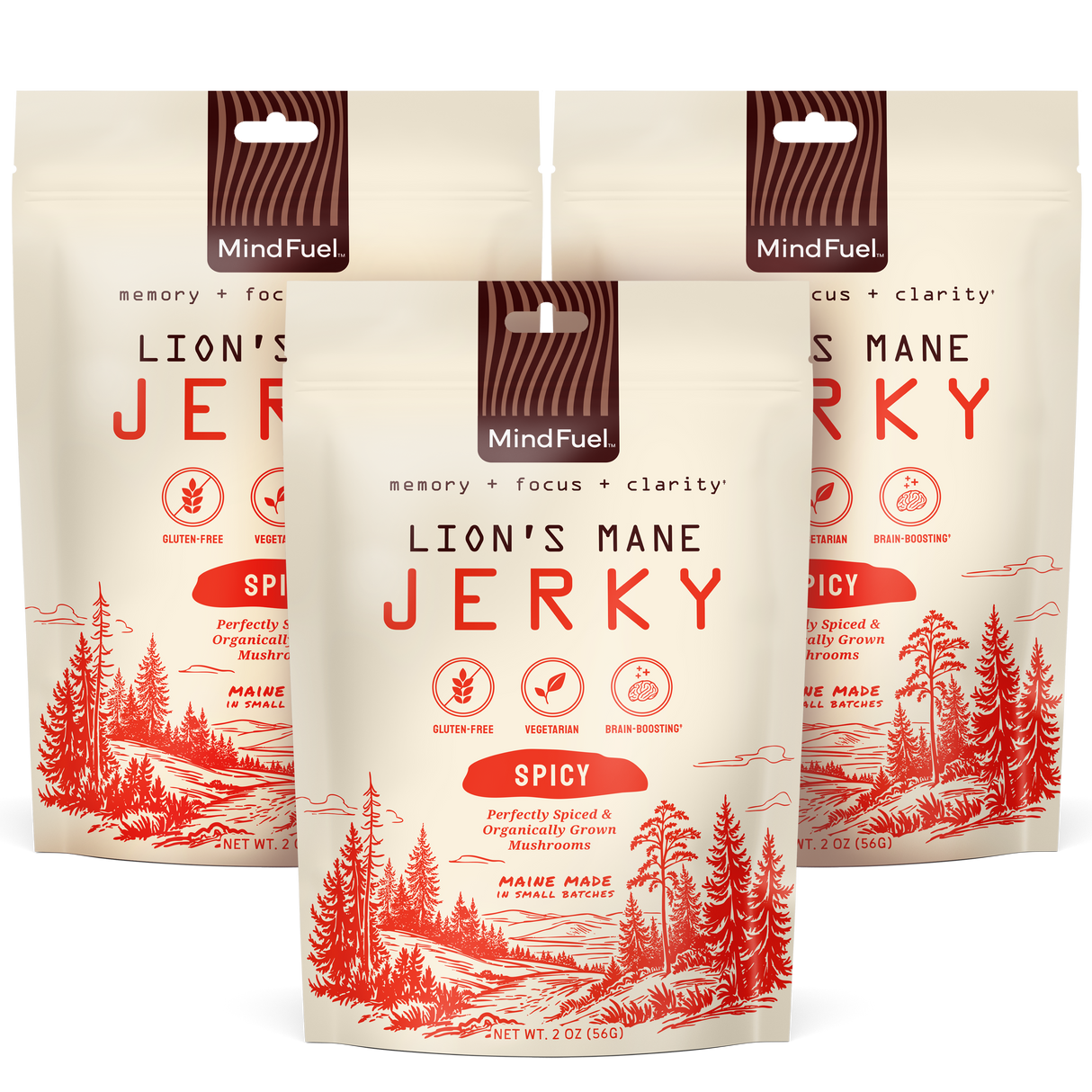 Three packages of Lion's Mane Spicy Jerky with nature-themed design on a white background