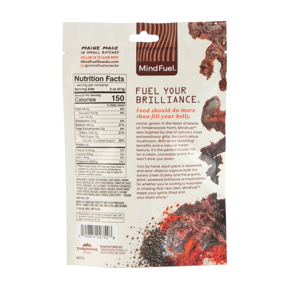 Mind Fuel Lion's Mane Spicy Jerky Back Packaging