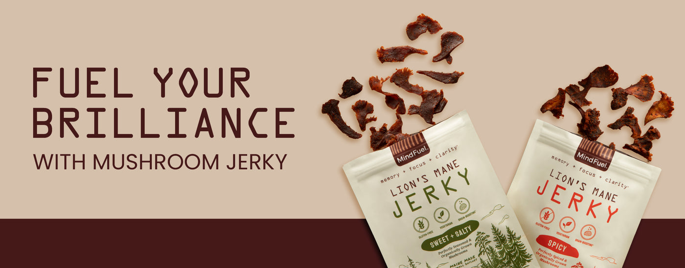 A picture of two bags of jerky, with jerky pieces spilling out. The working is "Fuel Your Brilliance with Mushroom Jerky"