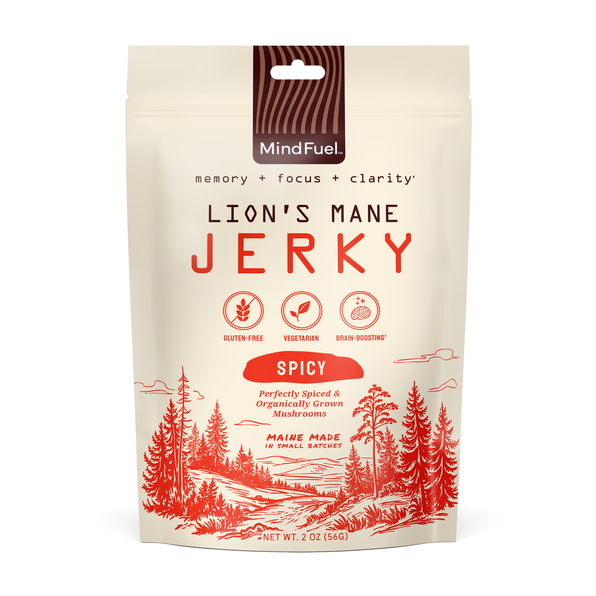 Package of Lion's Mane Spicy Jerky with nature-themed design on a white background