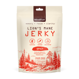 Package of Lion's Mane Spicy Jerky with nature-themed design on a white background