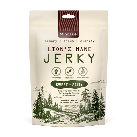 Package of Lion's Mane Sweet and Salty Jerky with nature-themed design on a white background