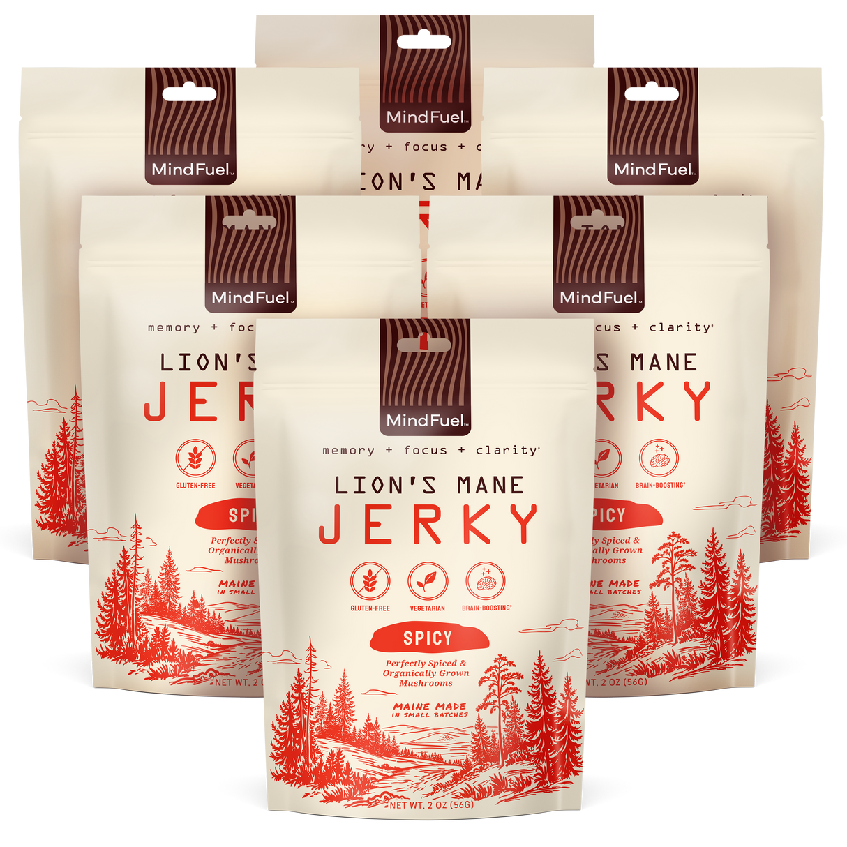 Six packages of Lion's Mane Spicy Jerky with nature-themed design on a white background