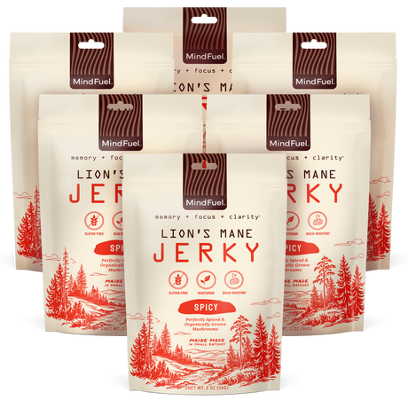 Six packages of Lion's Mane Spicy Jerky with nature-themed design on a white background