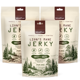 Three packages of Lion's Mane Sweet and Salty Jerky with nature-themed design on a white background