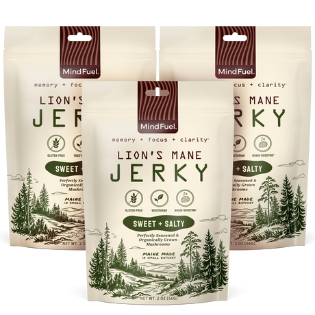 Three packages of Lion's Mane Sweet and Salty Jerky with nature-themed design on a white background