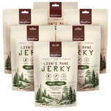 Six packages of Lion's Mane Sweet and Salty Jerky with nature-themed design on a white background