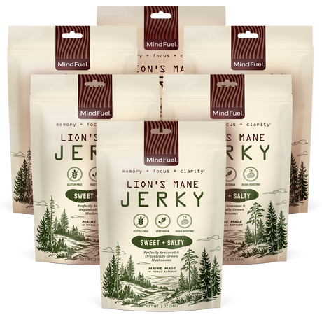 Six packages of Lion's Mane Sweet and Salty Jerky with nature-themed design on a white background